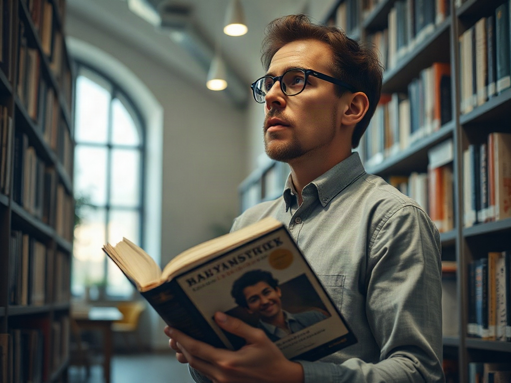 Мужчина в очках читает книгу в библиотеке, окружённый полками с книгами.