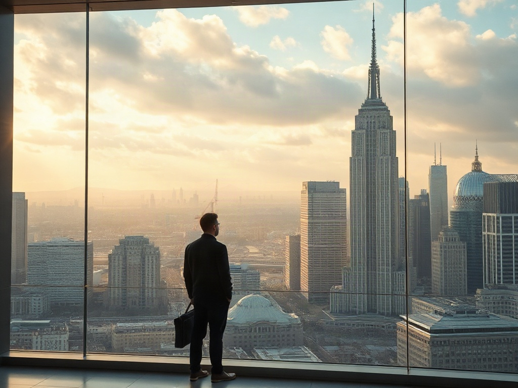 Мужчина в костюме смотрит на skyline Нью-Йорка с Эмпайр-стейт-билдингом на фоне заката.