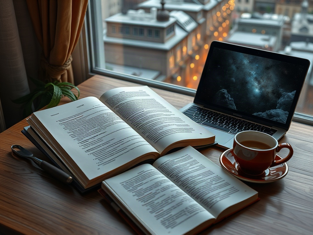 На столе лежат открытые книги, ноутбук и чашка чая, вид из окна на город с огнями.